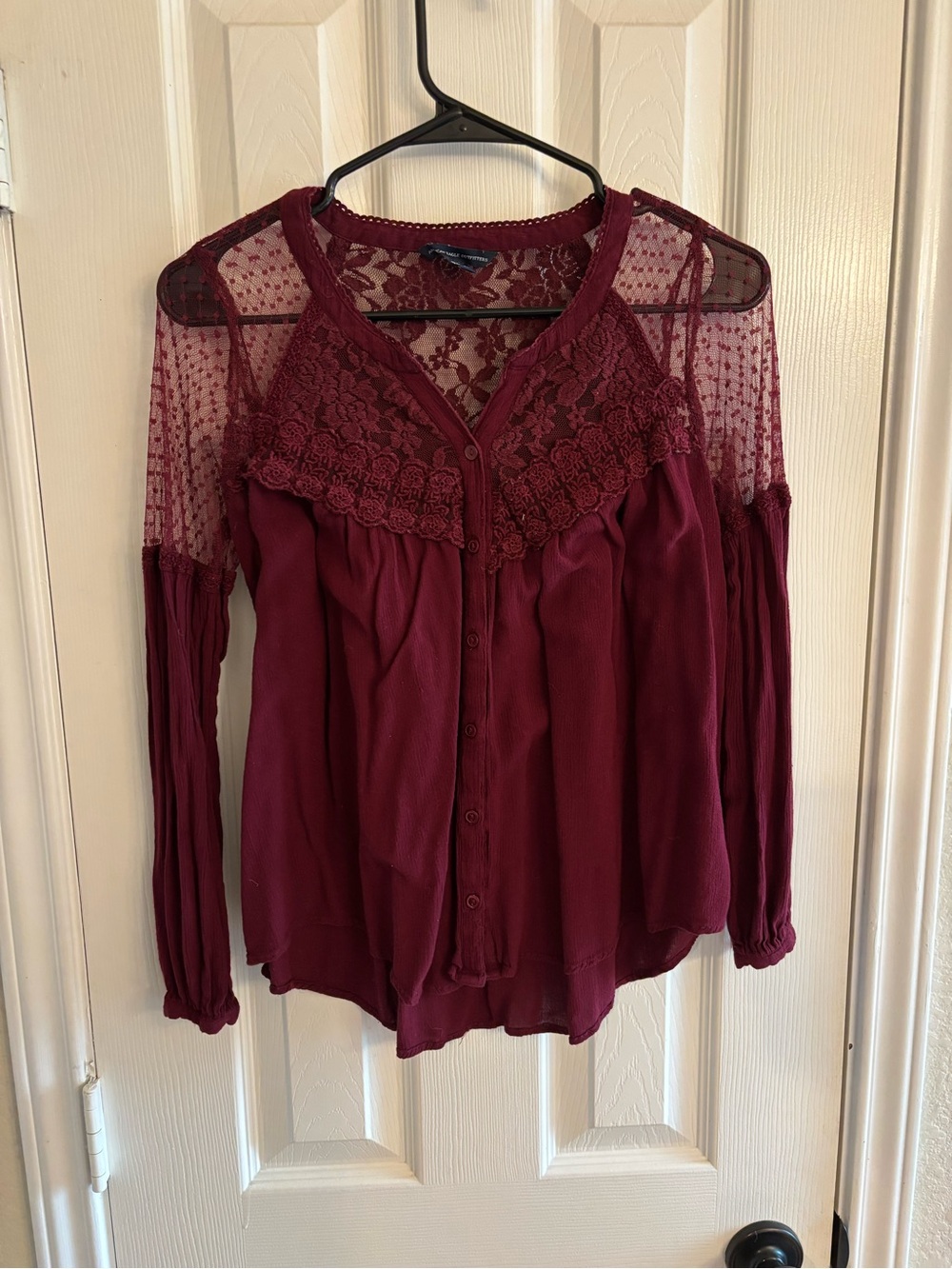 American Eagle Outfitters Lace Sheer Mesh Blouse Womens XS Burgundy Boho